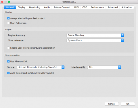 grandvj trackdj Art-Net timecode preferences